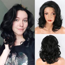 Wigs Cheap Glueless Black Short Bob Curly Wavy Pre Plucked Brazilian Lace Wigs Heat Resistant Fibre Synthetic Lace Front Wig Black Wome