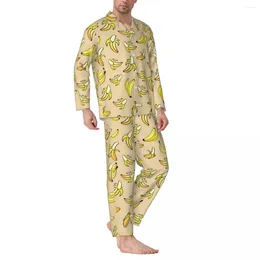 Men's Sleepwear Yellow Banana Pyjama Set Autumn Fruits Print Trendy Leisure Man 2 Pieces Oversize Custom Nightwear Birthday Present