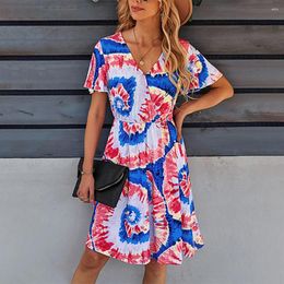 Casual Dresses Gaovot Fashion Tie-dye Print Women Summer Dress V-neck Flared Sleeve High Waist A-line Beach Party Elegant Ladies