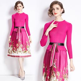 Designer O-Neck Slim Pink Pleated Dress Long Sleeve Woman Knitted Patchwork Elegant Print Fit Vacation Midi Dressess 2024 Spring Fall Runway Formal Party Ballgown