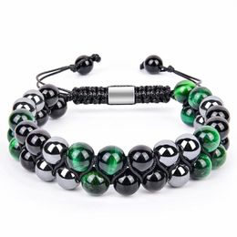 Chain Hand Braided 8Mm Black Onyx Hematite Green Tiger Eye Stone Bracelet Double Woven Adjustable Gemstone Beaded Drop Delivery Jewe Dh9Hj