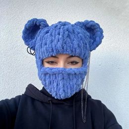 Novelty Bear Ear Balaclava Beanies Chain Outdoor Ski Winter Hat for Women Ear Protection Knitted Hat 231229