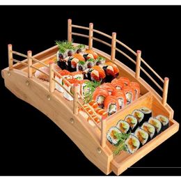 Tools New Japanese Wooden Wood Cuisine Sushi Bridge Boats Pine Creative Sushi Sashimi Plate Platter Tableware Decoration Ornament Hasia