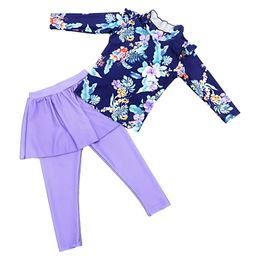 Wear Kids Girls Swimsuit Swimwear Outfits Floral Printed Beachwear Sets Bathing Suit Long Sleeves Tops with Skirted Pants Rash Guard