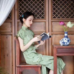 Ethnic Clothing 2023 Summer Satin Chinese Women Green Leaf Wedding Qipao Vintage Mandarin Collar Cheongsam Sexy Short Sleeve Evening Midi