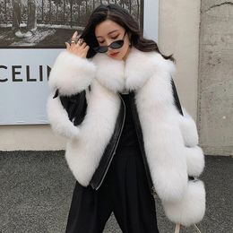 Jackets Zdfurs* 2020 New Women Real Fox Fur Coat Genuine Sheepskin Leather Jacket Long Sleeve Natural Fox Fur Coats Detachable Collar