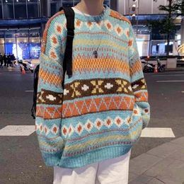 Men's Sweaters Mens Korean Retro Ethnic Style Striped Print Pullovers Tops Y2K Long Sleeve Round Neck Clothing Couple Knitwear Outfits