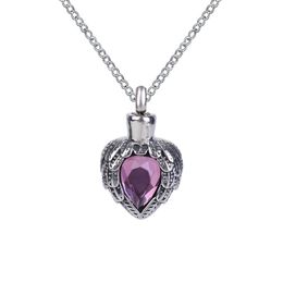 Urn Necklace Purple Birthstone Wing Heart Pendant Memorial Ash Keepsake Cremation Jewellery Stainless Steel With Gift Bag and Chain299g