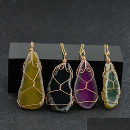 Pendant Necklaces Gold Wire Wrap Irregar Semi-Precious Stone Agate Necklace Stainless Steel Chain For Women Men Fine Fashion Jewellery Dhpyv