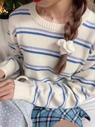 Women's Sweaters Blue Stripes Sweet Knitted Sweater Autumn Round Neck Long Sleeve Casual Cute Pullover Top For Woman Harajuku Preppy Style