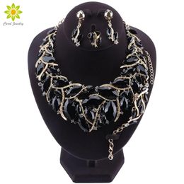 Necklace Fashion Black Crystal Wedding Jewellery Sets for Bride Party Costume Accessories Decorations Bridal Necklace Earring Bracelet Ring