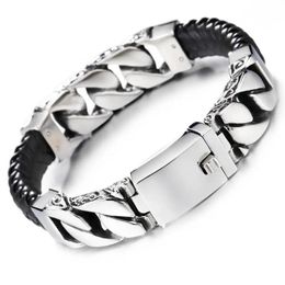 Bangle Vintage Charm Men's Bracelet Stainless Steel Curb Chain With Black Leather Wristband Bracelets 22cm