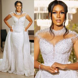 Aso Ebi Wedding Dresses Sheer Neck Illusion Short Sleeves Tulle Lace Bridal Gowns for African Black Women Bride Mermaid Marriage Dress with Detachable Train D100