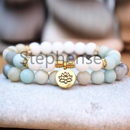 MG0624 New Design Polished Amazonite Bracelet Set White Beads Lotus Charam Bracelet Women's Yoga Wrist Mala Bracelet314R