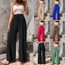 Women's Pants Spring And Summer Fashion Solid Colour Versatile Bubble Grid Casual Loose Lace-up Ladies Wide-leg Trousers