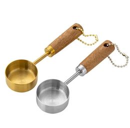 Flat Bottom Stainless Steel Measure Spoon with Wood Handle Hangable Measuring Cup 14ml Kitchen Measure Tools Baking