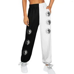 Women's Pants Print Bottom Ribbed Sweatpants With Pockets High Waist Sporty Gym Athletic Fit Jogger Lounge Trousers