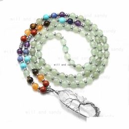 Pendant Necklaces Yoga 7 Chakra Semi Precious Stone Beaded Necklace Natural Strand Quartz Hexagonal Prism Tree Of Life Crystal Women Dhmzm