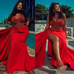 Plus Size Evening Gown Prom Dresses for Special Occasions Red Mermaid Illusion High Split African Arabic Black Women Outfit Birthday Party Gowns AM299