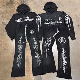 Rock Hip Hop Street Hellstar Hoodies Set Washed Flame Letter Print Hooded Pullover Men Women Oversized Hell Star Sweatshirts t W4B0 G91I
