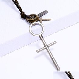 Pendant Necklaces Simple Jesus Cross Necklace Ring Id Charm Adjustable Chain Leather For Women Men Punk Fashion Jewellery Gift Drop De Dhtgo