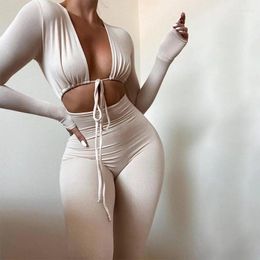 Women's Pants Spring Summer Sexy Jumpsuit V Neck Long Sleeve Female Bodycon Hollow Out Jogger Clubwear Body-shaping Jumpsuits Y2k Kpop