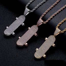 Pendant Necklaces 18K Gold Sport Skateboard Necklace Nightclub Bling Diamond Cubic Zircon Hip Hop Jewelry Set Men Women Stainless St Dhqf8