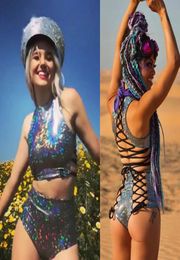 Women Colourful Holographic Bodycon 2 Piece Playsuits Festival Sexy Rave Clothes Wear Outfits Nightclub Lace Up Bodysuit Rompers T23817409