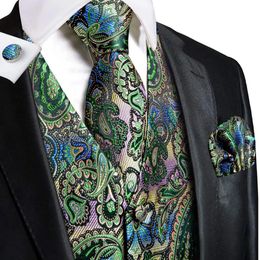 Blazers HiTie Green Paisley Novelty Silk Men Slim Waistcoat Necktie Set For Suit Dress Wedding 4PCS Vest Necktie Hanky Cufflink Set