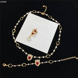 Luxury Love Pearl Diamond Necklace Ruby Rhinestone Earrings Metal Chain Pendant Eardrop Crystal Bracelet Anniversary Gift287m