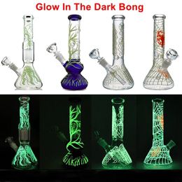 Hookahs Newest Mini Hookahs Glow in Dark Glass Bong UV Cobweb Dab Rig Spider Web Bongs Luminous Oil Rigs Beecomb Disc Waterpipes GID0109