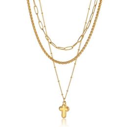 Chains Women Necklace Stack Set Layered Gold Colour Stainless Steel Paperclip Wheat Satellite Link Chain 3pcs Tiny Cross Charm LDN2320g