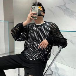 Men's T Shirts See-through Pullover Hollow Loose Knitted T-shirt Versatile Geometric Top Fashion Casual Suit Shirt