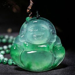 Maitreya Buddha statue carved jade pendant natural Chinese white green jade smile Necklace Jewelry264q