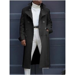 Men'S Trench Coats Mens Notch Lapel Double Breasted Long Coat Casual Cotton Blend Peacoat Fashion Autumn Winter Loose Drop Delivery Dhiuw