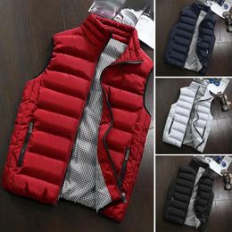 Men's Vests Men Winter Waistcoat Thick Padded Soft Warm Sleeveless Solid Colour Zipper Pockets Zip Up Stand Collar Neck Protection V