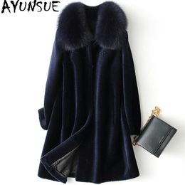 Jackets Ayunsue Real Sheep Shearling Fur Coat Winter Jacket Women Fox Fur Collar 100% Wool Coat Female Korean Long Jackets Colthes My