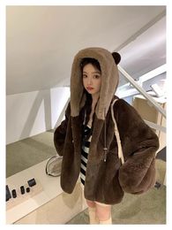 Korean style Women Cute Bear Fake Fur Imitation Rabbit Plush Fur Coat Autumn and Winter Hooded Thickened Zipper Jacket 231229