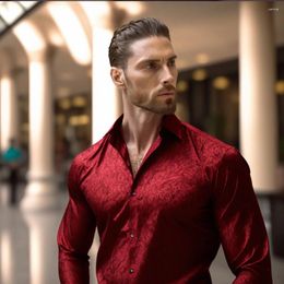 Men's Casual Shirts Exquisite Silk For Men Wine Red Paisley Lapel Woven Long Sleeve Embroidered Leisure Fit Party Wedding Barry.Wang CY-0409