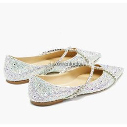 JC Jimmynessity Choo Women Shoes high quality Strass Luxury Dress Flat Sandals Ballet Pointed-toe Flats Crystals Chain Genevi Crystal-embellished Leather in Eu35-43