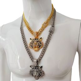 Cool 3D Full Oil Tiger Head Pendant Heavy Wide Cuban Chain Necklace Trendy Nightclub Personalised Men's 18K Gold Solid Fine