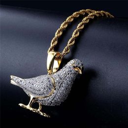 Hip Hop Jewelry Iced Out Pigeon Pendant Necklace With Gold Chain for Men Micro Pave Zircon Animal Necklace207d