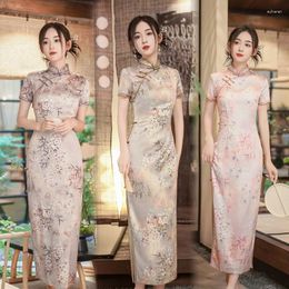 Ethnic Clothing Oversize M-4XL Qipao Elegant Silky Satin Cheongsam Women Sexy Print Chinese Style Dress Long Vestidos Para Mujer Gown