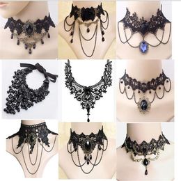 Halloween Sexy Gothic Chokers Crystal Black Lace Neck Collares Choker Necklace Vintage Victorian Women Chocker Steampunk Jewelry G271j