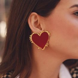 Vintage Red Heart Stud Earring Women Heart 14k Yellow Gold Earrings Wedding Statement Earrings Fashion Party Jewelry