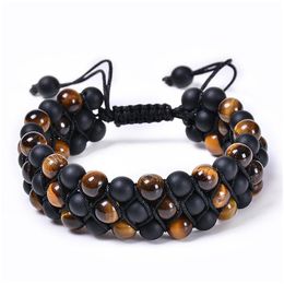 Chain 6Mm Natural Gemstone Tigers Eye Frosted Stone Three Layer Bracelet Beaded Woven Mti-Layer Drop Delivery Jewellery Bracelets Dhpm0