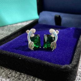 Brand Pure 925 Sterling Silver For Women Green Fish Diamond Earrings Wedding Party Earrings Silver Jewelry Big Design Jewelry191c