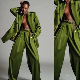 Avocado Green 2 Pieces Women Suits Blazer With Leopard Belt Fashion Loose Wide Leg Pants Tailored Party Dress Wear 231229