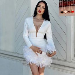 2024 Spring Women Sexy V Neck Long Sleeve Feather Dress Black White Mini Bandage Dress Elegant Fashion Evening Club Party Dress 231229