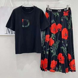womens set designer skirt Set fashion printed short-sleeved top elastic waist long Skirt two-piece